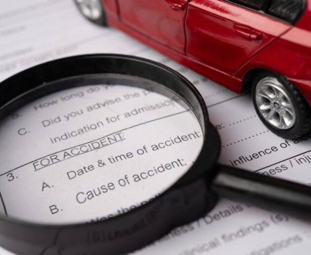 Car Accident Lawsuit showing a damaged vehicle, legal documents, and a judge's gavel representing accident claims and legal action.