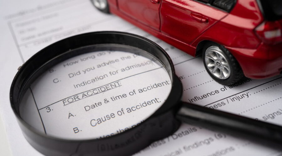 Car Accident Lawsuit showing a damaged vehicle, legal documents, and a judge's gavel representing accident claims and legal action.