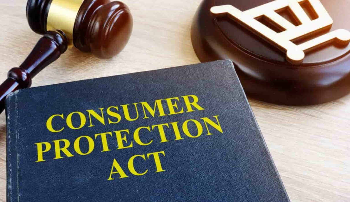 llustration representing Consumer Protection Cases with legal documents, a judge's gavel, scales of justice, and consumer rights symbols.