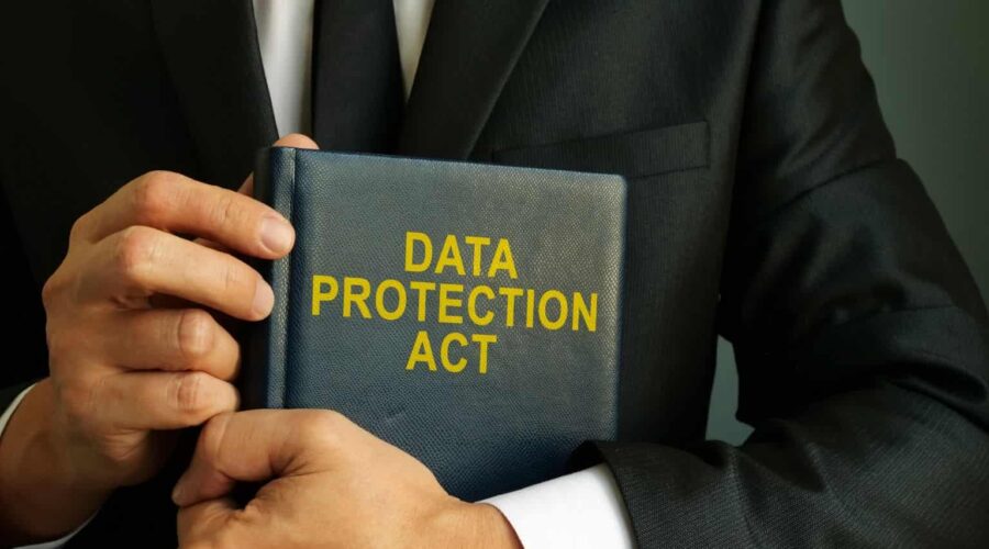 Illustration representing Data Privacy Laws with secure digital data, privacy shield, lock icon, and protected personal information.