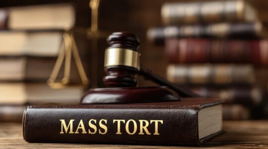 Lawyers reviewing legal documents in a courtroom while representing multiple plaintiffs in a complex Mass Tort Litigation