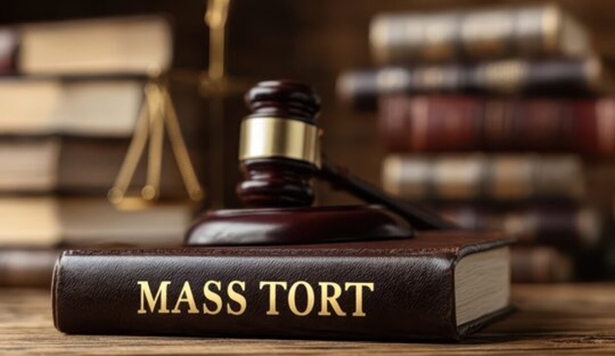 Lawyers reviewing legal documents in a courtroom while representing multiple plaintiffs in a complex Mass Tort Litigation