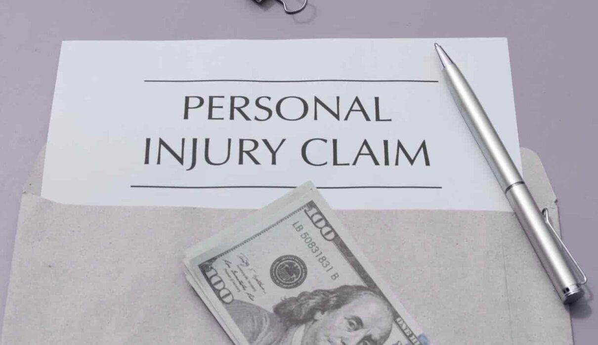 Personal Injury Settlement illustration showing a signed legal agreement, compensation documents, and a lawyer discussing a claim with an injured client.
