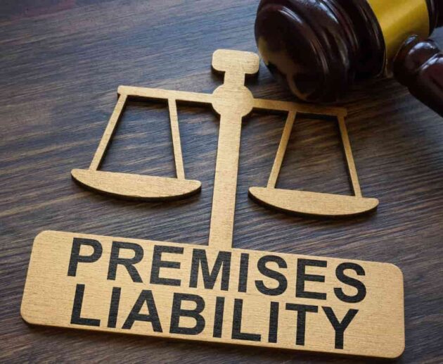 Premises liability cases concept showing a person slipping and falling on a wet floor inside a commercial property, with a warning sign nearby and a legal document in the background.