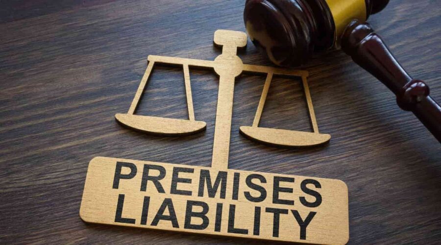 Premises liability cases concept showing a person slipping and falling on a wet floor inside a commercial property, with a warning sign nearby and a legal document in the background.