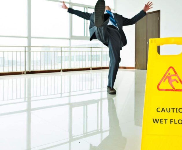 Person experiencing a Slip and Fall Accident on a wet floor in a public building, illustrating a common premises liability incident.