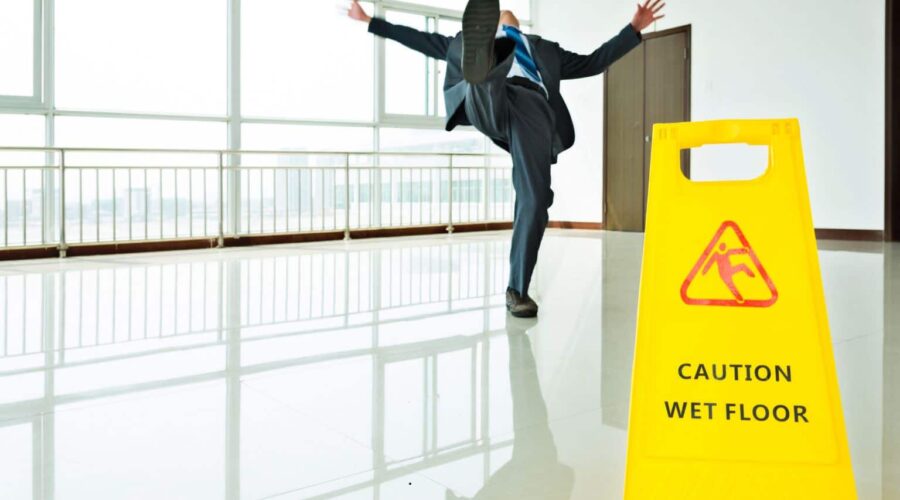 Person experiencing a Slip and Fall Accident on a wet floor in a public building, illustrating a common premises liability incident.