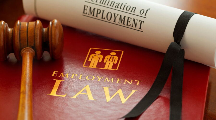 Employment Lawsuit involving an employee and employer reviewing legal documents during a workplace dispute over wrongful termination and workplace rights.