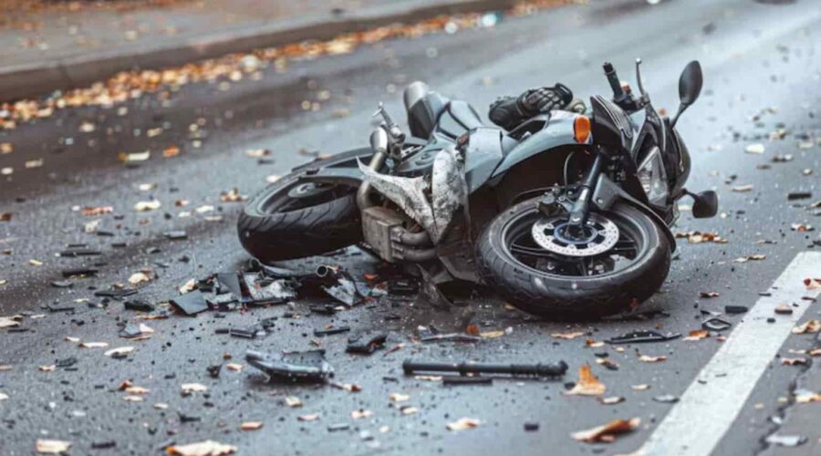 Motorcycle Accident Compensation claim consultation showing an injured rider discussing legal options and financial recovery after a traffic accident.