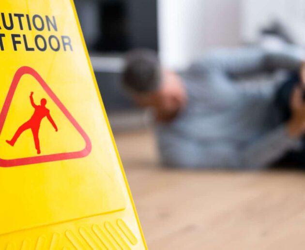 Person slipping on a wet floor in a public building, illustrating common Slip and Fall Accidents that can lead to serious injuries and legal claims.