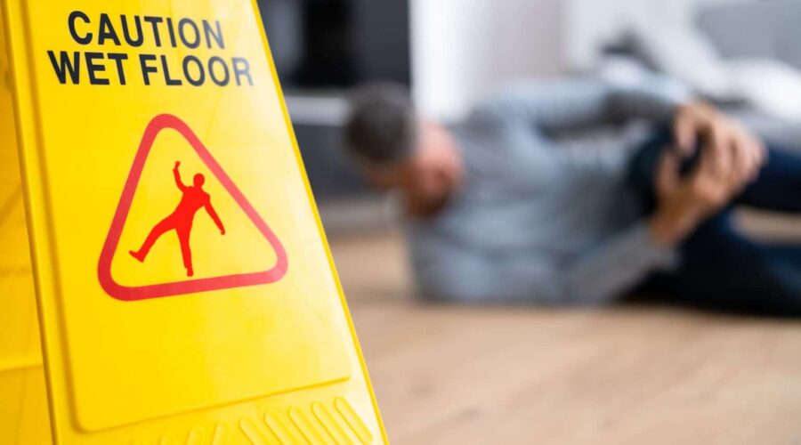 Person slipping on a wet floor in a public building, illustrating common Slip and Fall Accidents that can lead to serious injuries and legal claims.