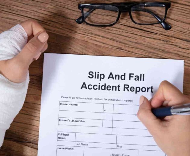 A person lying on the floor after a hazardous fall in a public building while a caution sign stands nearby, illustrating a Slip and Fall Lawsuit involving unsafe property conditions and injury claims.