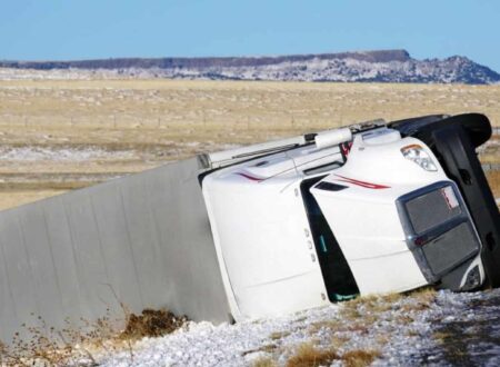 Truck Accident Lawsuits involving a damaged commercial truck after a highway collision with legal claims for injury compensation.