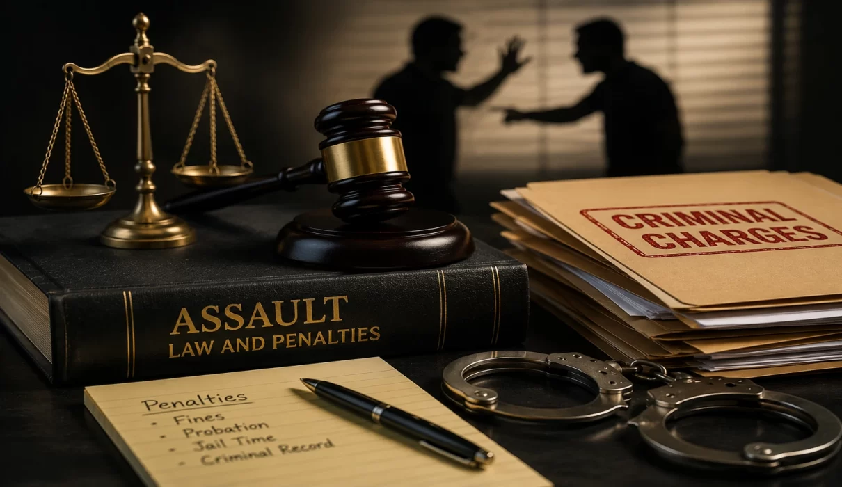 Legal evidence scene featuring a judge's gavel, scales of justice, criminal case files, handcuffs, and silhouetted figures representing a simple assault case.