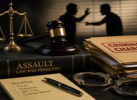 Legal evidence scene featuring a judge's gavel, scales of justice, criminal case files, handcuffs, and silhouetted figures representing a simple assault case.