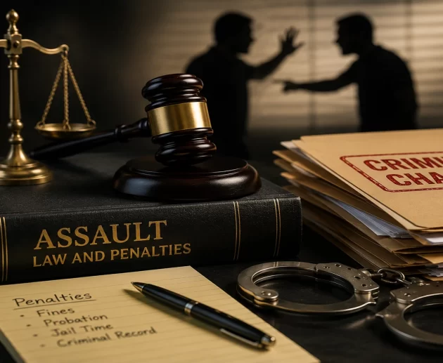 Legal evidence scene featuring a judge's gavel, scales of justice, criminal case files, handcuffs, and silhouetted figures representing a simple assault case.
