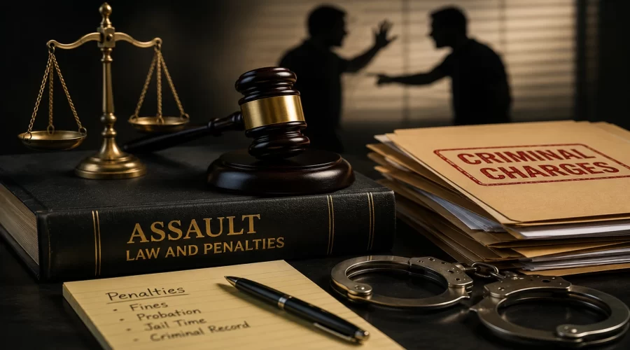 Legal evidence scene featuring a judge's gavel, scales of justice, criminal case files, handcuffs, and silhouetted figures representing a simple assault case.