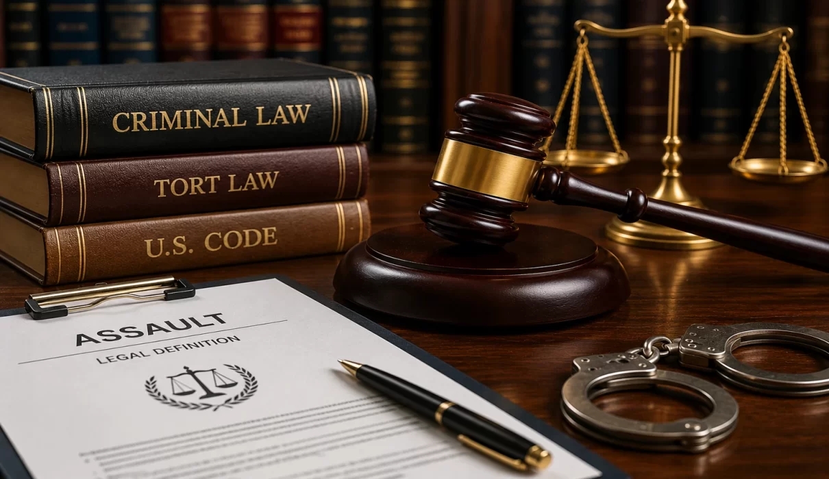 Judge's gavel, criminal law books, scales of justice, handcuffs, and a legal document representing the legal definition of assault in criminal law.
