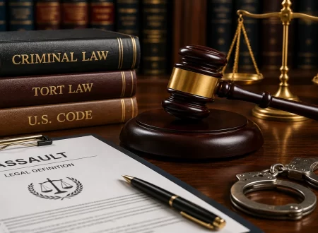 Judge's gavel, criminal law books, scales of justice, handcuffs, and a legal document representing the legal definition of assault in criminal law.