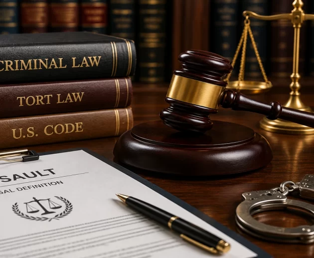 Judge's gavel, criminal law books, scales of justice, handcuffs, and a legal document representing the legal definition of assault in criminal law.