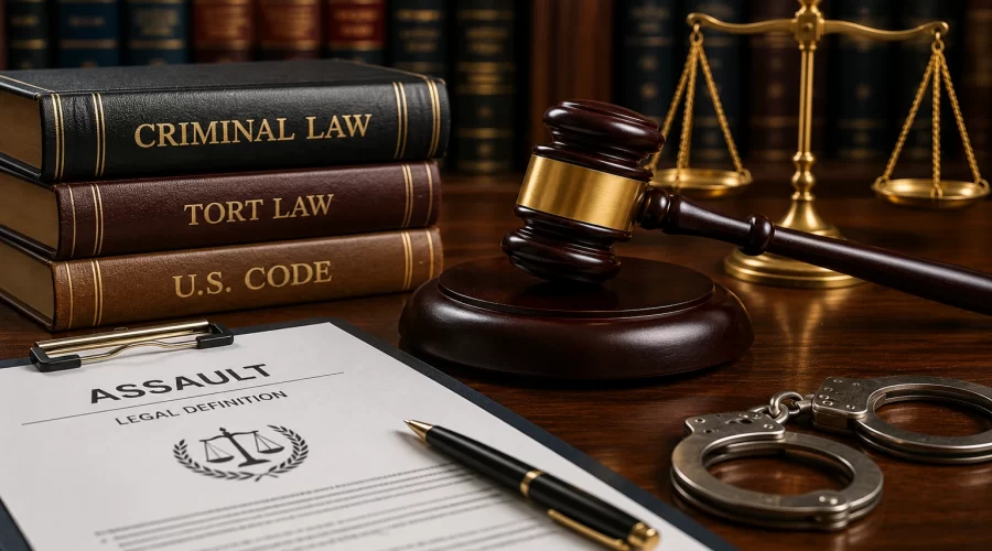 Judge's gavel, criminal law books, scales of justice, handcuffs, and a legal document representing the legal definition of assault in criminal law.