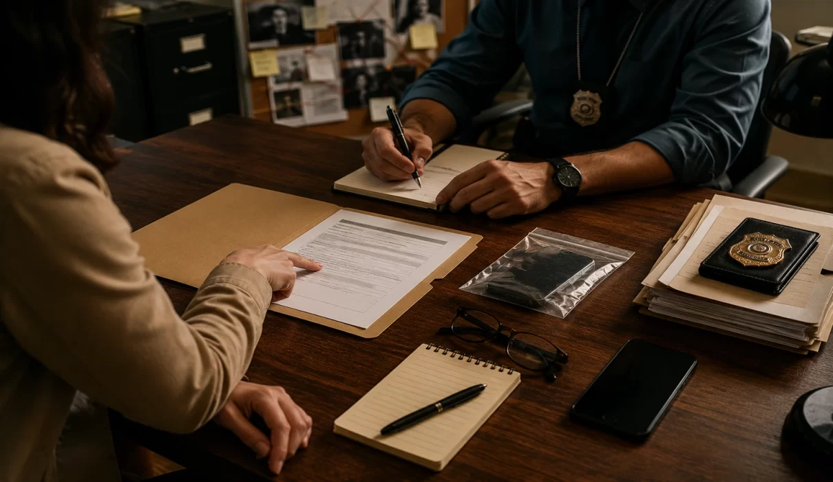 Civilian meeting with a detective to review an incident report, evidence folder, police badge, and investigation materials while learning how to press criminal charges against someone.