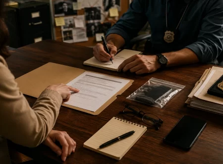 Civilian meeting with a detective to review an incident report, evidence folder, police badge, and investigation materials while learning how to press criminal charges against someone.
