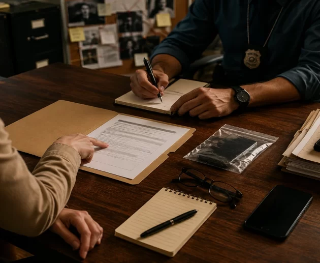 Civilian meeting with a detective to review an incident report, evidence folder, police badge, and investigation materials while learning how to press criminal charges against someone.