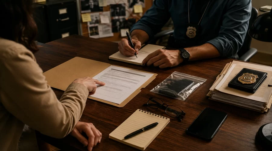 Civilian meeting with a detective to review an incident report, evidence folder, police badge, and investigation materials while learning how to press criminal charges against someone.