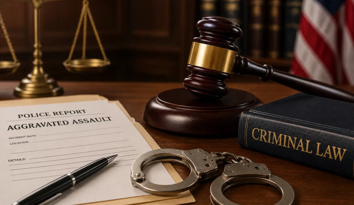 Illustration of aggravated assault featuring a judge's gavel, Lady Justice statue, criminal law book, handcuffs, and police report representing assault laws, examples, and criminal penalties.