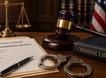 Illustration of aggravated assault featuring a judge's gavel, Lady Justice statue, criminal law book, handcuffs, and police report representing assault laws, examples, and criminal penalties.