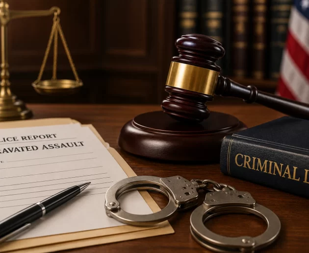 Illustration of aggravated assault featuring a judge's gavel, Lady Justice statue, criminal law book, handcuffs, and police report representing assault laws, examples, and criminal penalties.