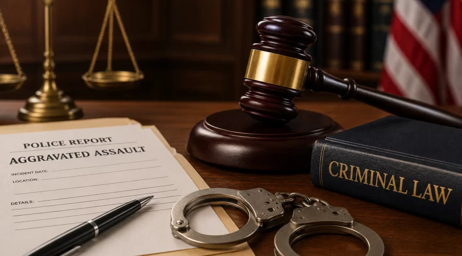 Illustration of aggravated assault featuring a judge's gavel, Lady Justice statue, criminal law book, handcuffs, and police report representing assault laws, examples, and criminal penalties.