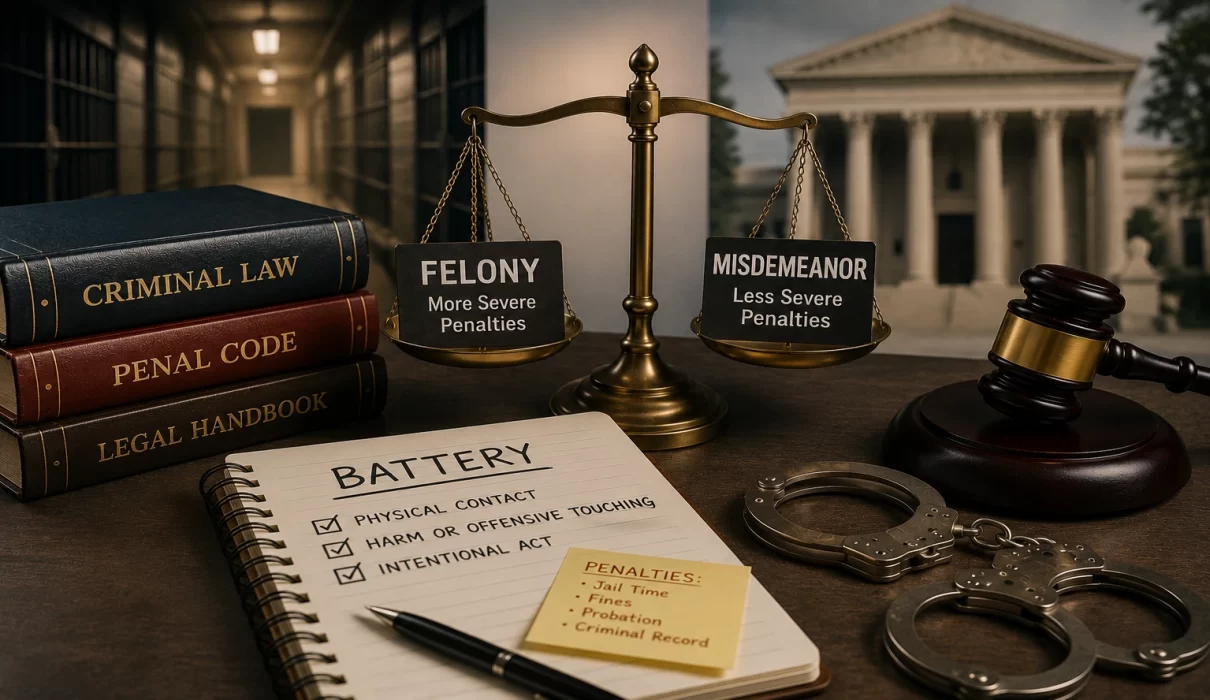 Justice scales balancing felony and misdemeanor classifications with a courthouse, correctional facility, judge's gavel, law books, handcuffs, and legal notes illustrating battery offense penalties.