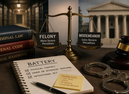 Justice scales balancing felony and misdemeanor classifications with a courthouse, correctional facility, judge's gavel, law books, handcuffs, and legal notes illustrating battery offense penalties.