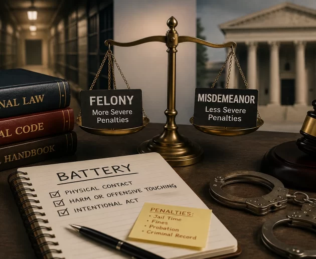 Justice scales balancing felony and misdemeanor classifications with a courthouse, correctional facility, judge's gavel, law books, handcuffs, and legal notes illustrating battery offense penalties.