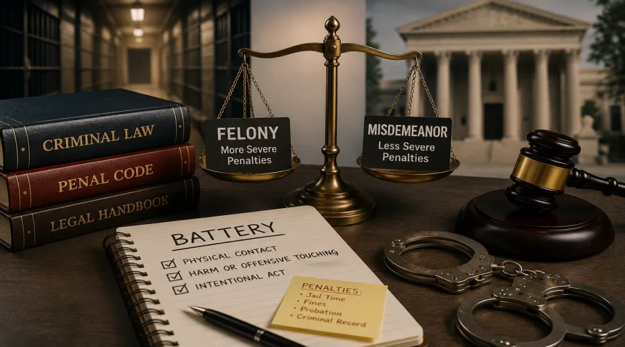 Justice scales balancing felony and misdemeanor classifications with a courthouse, correctional facility, judge's gavel, law books, handcuffs, and legal notes illustrating battery offense penalties.