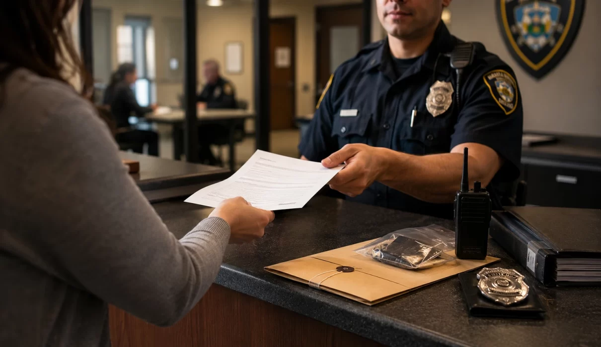 Person submitting an incident report to a police officer at a police station while evidence files and law enforcement materials sit on the desk, illustrating the process of pressing criminal charges.