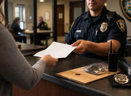 Person submitting an incident report to a police officer at a police station while evidence files and law enforcement materials sit on the desk, illustrating the process of pressing criminal charges.