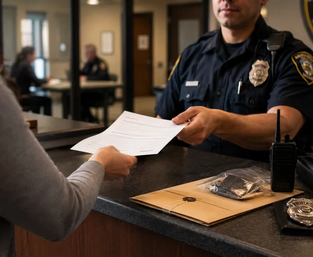 Person submitting an incident report to a police officer at a police station while evidence files and law enforcement materials sit on the desk, illustrating the process of pressing criminal charges.
