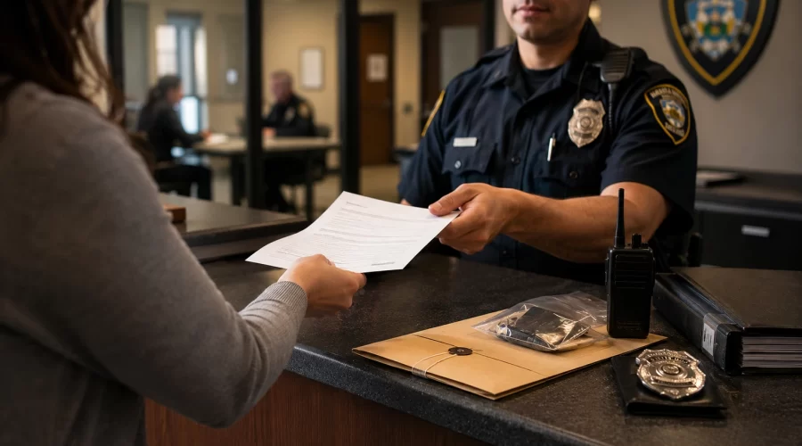 Person submitting an incident report to a police officer at a police station while evidence files and law enforcement materials sit on the desk, illustrating the process of pressing criminal charges.