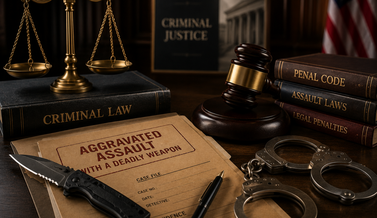 Criminal case file, judge's gavel, justice scales, evidence knife, law books, and handcuffs representing aggravated assault with a deadly weapon under U.S. criminal law.