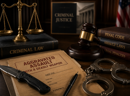 Criminal case file, judge's gavel, justice scales, evidence knife, law books, and handcuffs representing aggravated assault with a deadly weapon under U.S. criminal law.