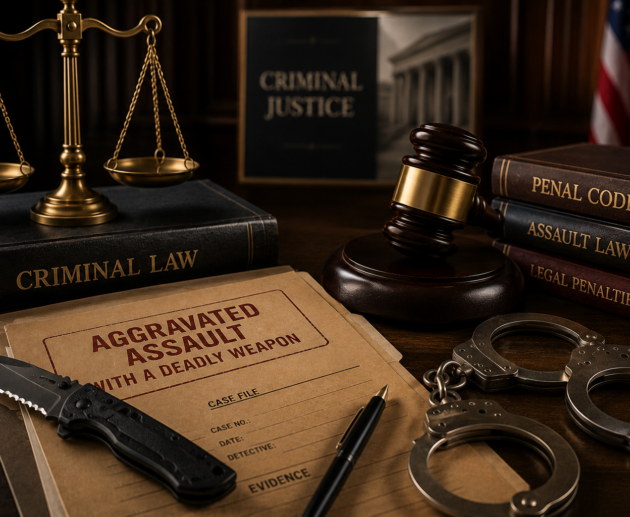 Criminal case file, judge's gavel, justice scales, evidence knife, law books, and handcuffs representing aggravated assault with a deadly weapon under U.S. criminal law.