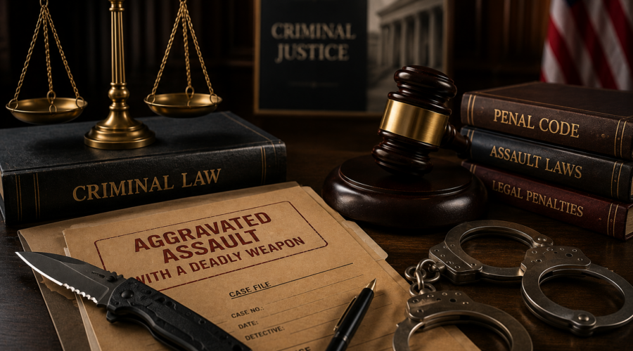 Criminal case file, judge's gavel, justice scales, evidence knife, law books, and handcuffs representing aggravated assault with a deadly weapon under U.S. criminal law.