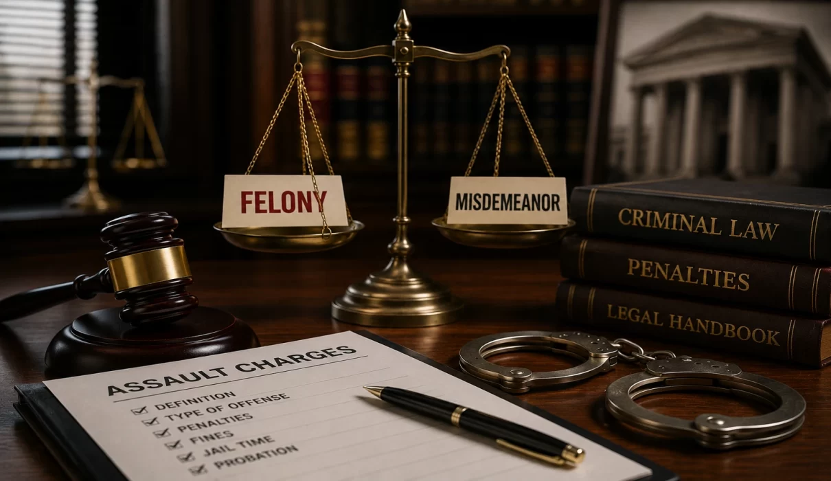 Justice scales balancing felony and misdemeanor with a judge's gavel, criminal law books, handcuffs, and assault case documents illustrating how assault offenses may be classified under criminal law.