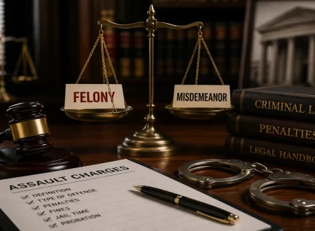 Justice scales balancing felony and misdemeanor with a judge's gavel, criminal law books, handcuffs, and assault case documents illustrating how assault offenses may be classified under criminal law.