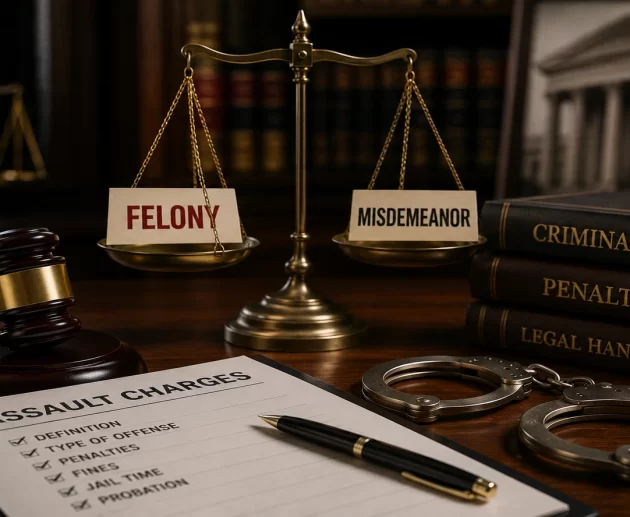 Justice scales balancing felony and misdemeanor with a judge's gavel, criminal law books, handcuffs, and assault case documents illustrating how assault offenses may be classified under criminal law.