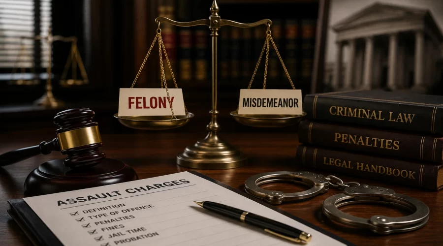 Justice scales balancing felony and misdemeanor with a judge's gavel, criminal law books, handcuffs, and assault case documents illustrating how assault offenses may be classified under criminal law.