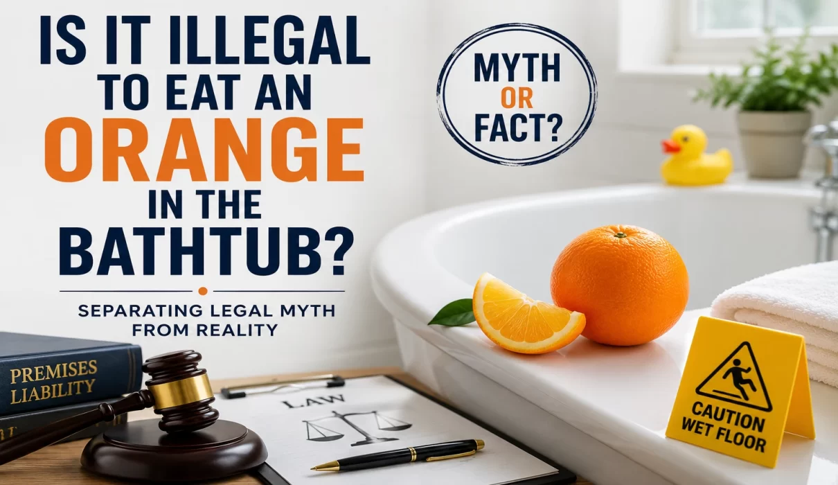 Person holding an orange near a bathtub illustrating the legal myth question is it illegal to eat an orange in the bathtub